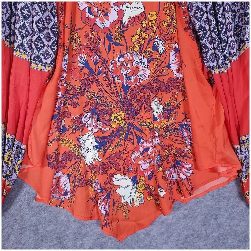 Free People Positano Womens Small Cherry Floral Boho Blouse Balloon Sleeve NWT